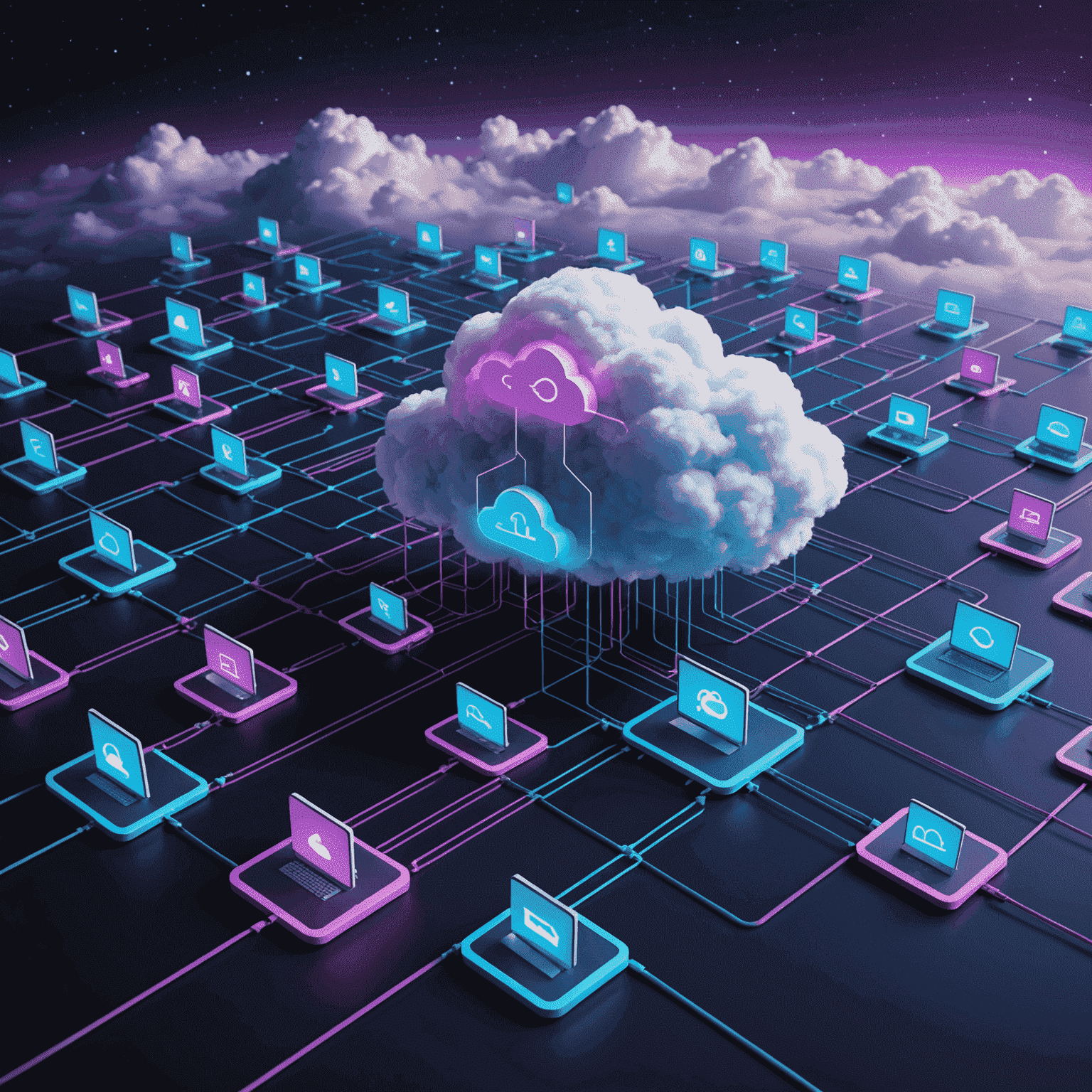 Wizualizacja przetwarzania w chmurze: Abstrakcyjna reprezentacja serwerów, połączeń sieciowych i chmur danych, z ikonami AWS, Azure i Google Cloud unoszącymi się nad nimi. Kolorystyka utrzymana w odcieniach niebieskiego i fioletowego, z akcentami neonowego błękitu.