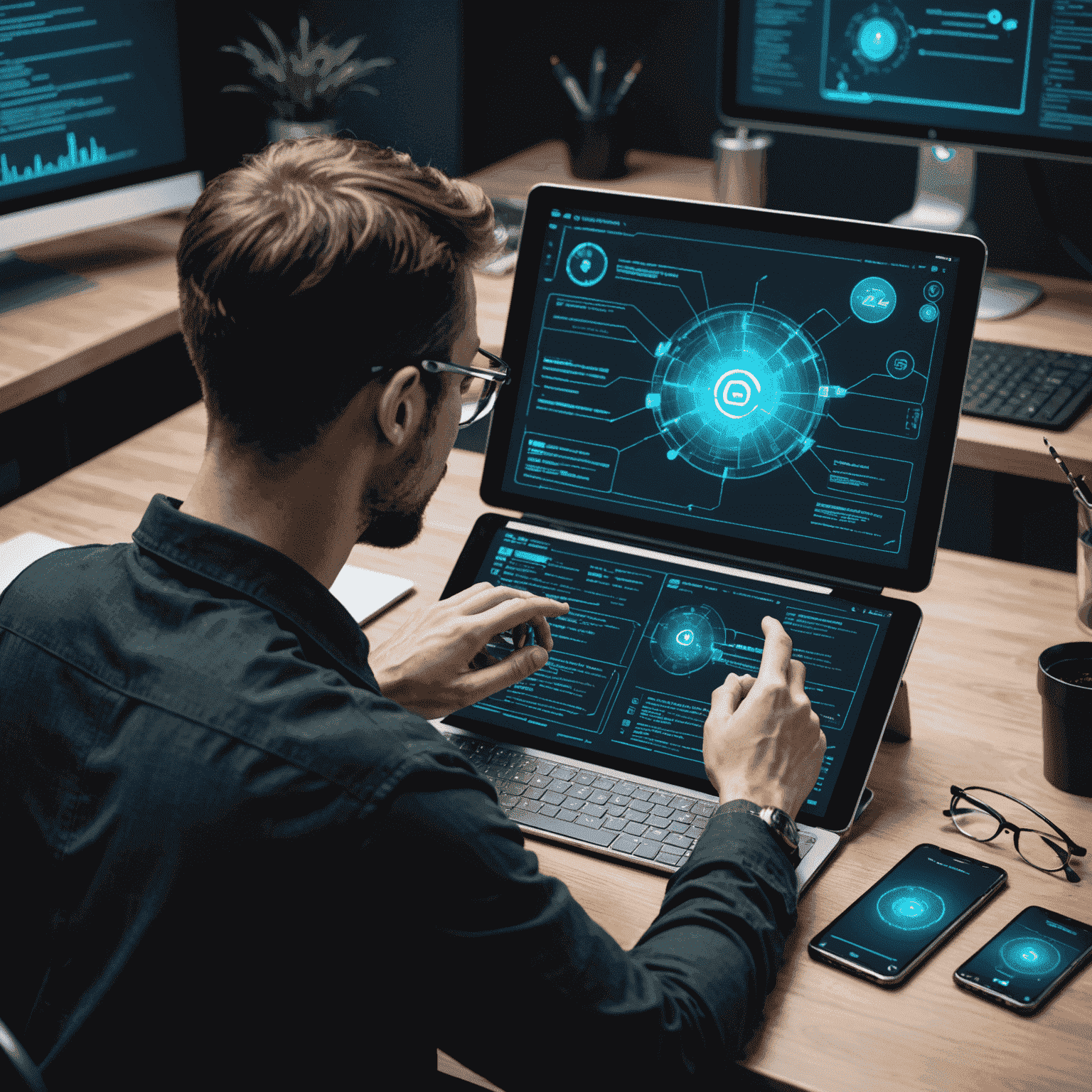 Programista pracujący nad aplikacją mobilną na tablecie i smartfonie, z holograficznymi wyświetlaczami kodu i interfejsu użytkownika unoszącymi się wokół