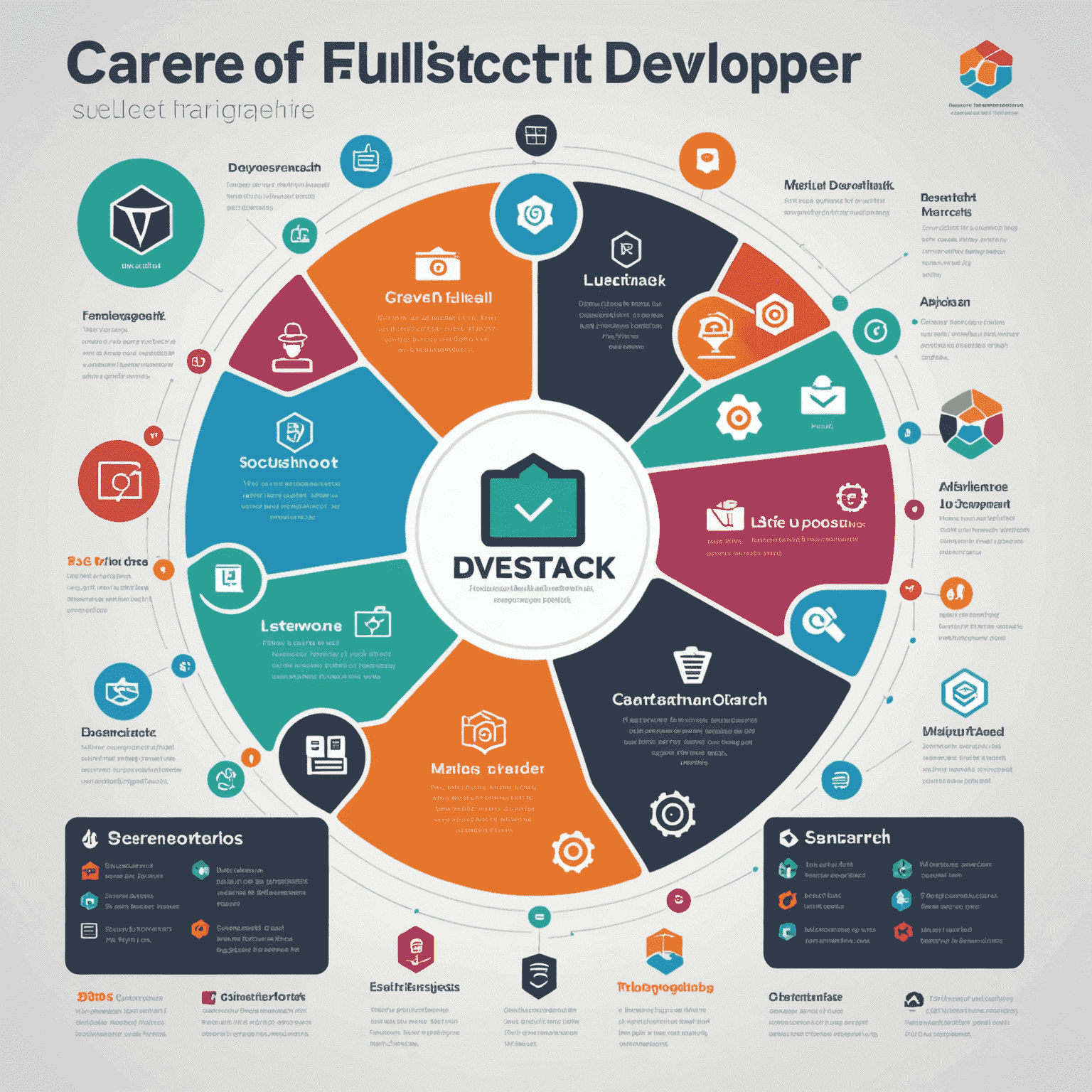 Infografika przedstawiająca ścieżkę kariery fullstack developera, z ikonami reprezentującymi różne technologie i role zawodowe.